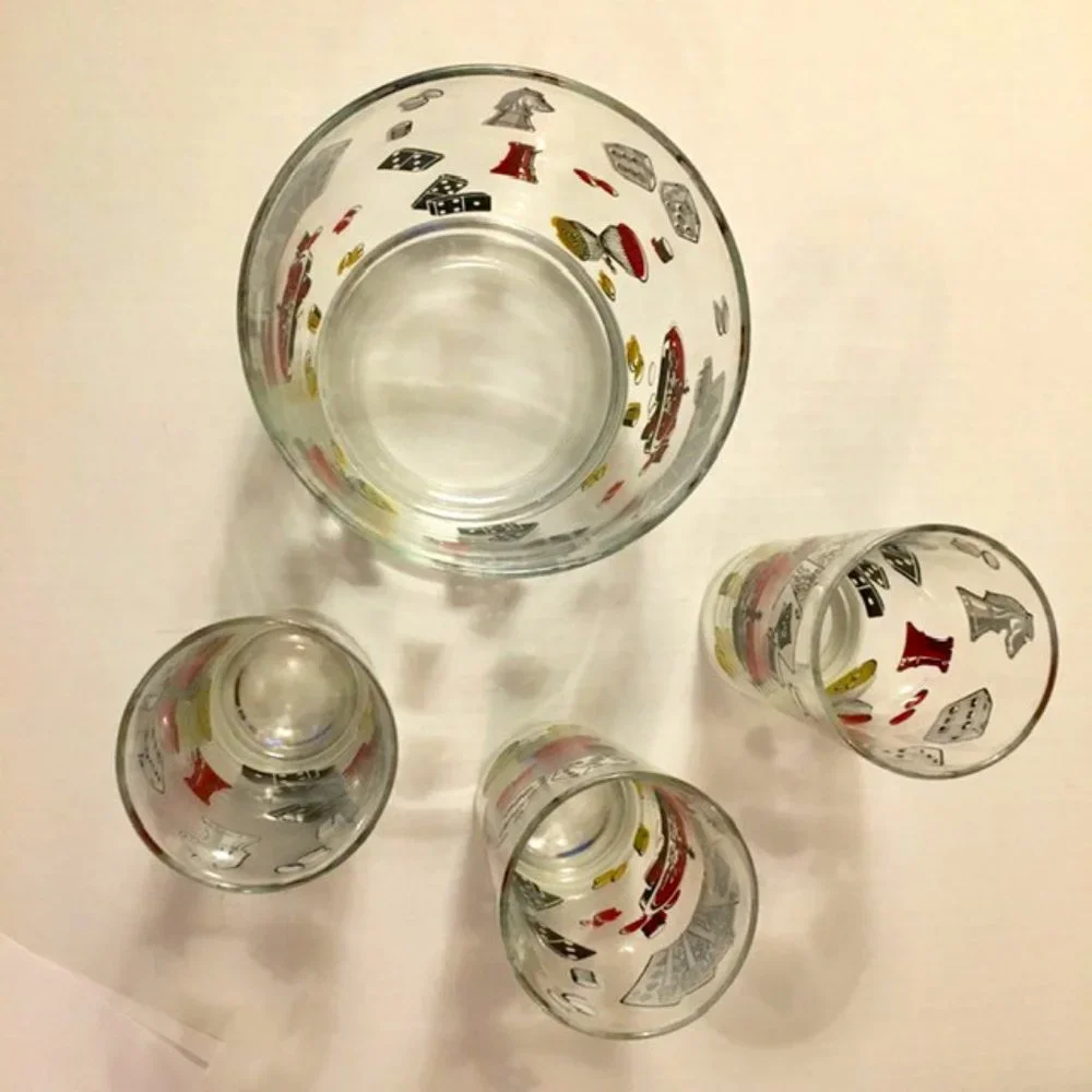 Hazel Atlas Ice Bucket Three Tumblers Set Vintage 1960s Game Night Poker Roulett
